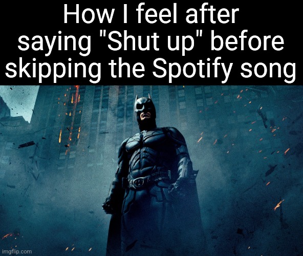 Batman hero | How I feel after saying "Shut up" before skipping the Spotify song | image tagged in batman hero | made w/ Imgflip meme maker