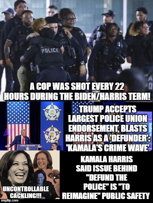 Are you Cackling with her against Cops? a defunder? or do you support the Police Union? | TRUMP ACCEPTS LARGEST POLICE UNION ENDORSEMENT, BLASTS HARRIS AS A 'DEFUNDER': 'KAMALA'S CRIME WAVE' | image tagged in sam elliott special kind of stupid,morons | made w/ Imgflip meme maker