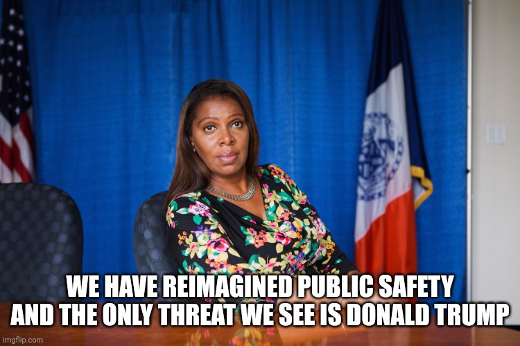 Letitia James | WE HAVE REIMAGINED PUBLIC SAFETY AND THE ONLY THREAT WE SEE IS DONALD TRUMP | image tagged in letitia james | made w/ Imgflip meme maker