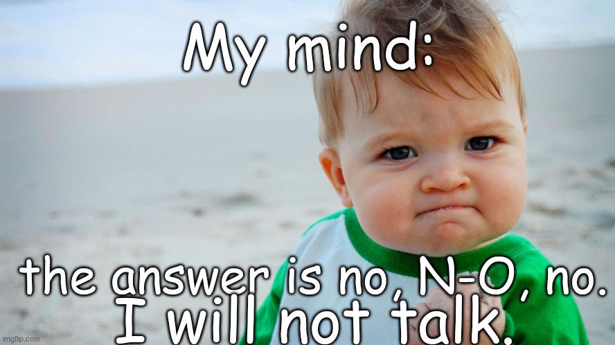 angry baby | the answer is no, N-O, no. I will not talk. My mind: | image tagged in angry baby | made w/ Imgflip meme maker