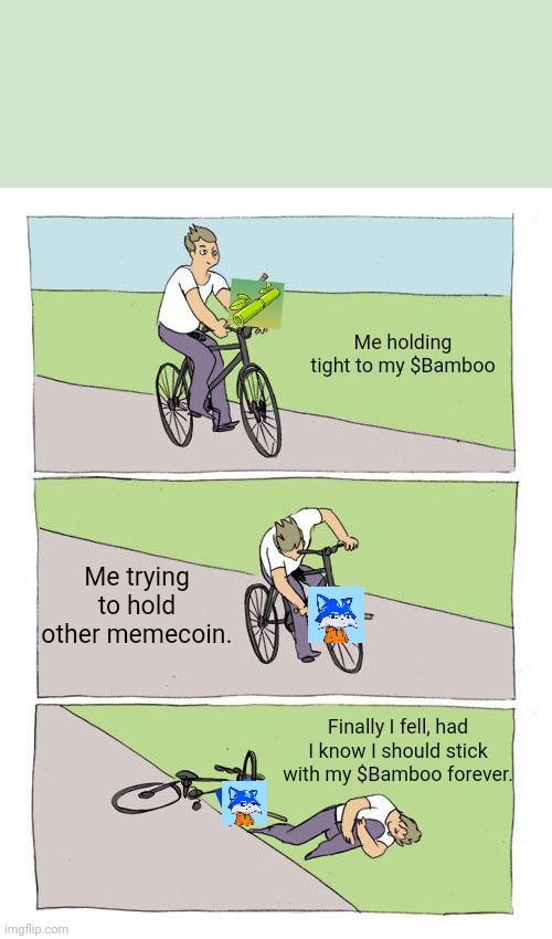 Bike Fall Meme | Me holding tight to my $Bamboo; Me trying to hold other memecoin. Finally I fell, had I know I should stick with my $Bamboo forever. | image tagged in memes,bike fall | made w/ Imgflip meme maker