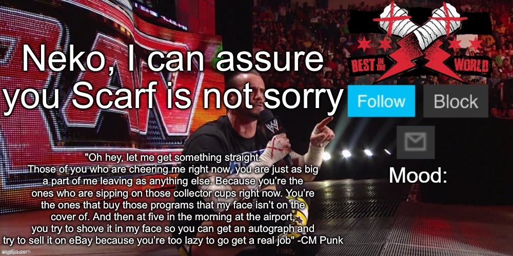 Cheez's CM Punk template | Neko, I can assure you Scarf is not sorry | image tagged in cheez's cm punk template | made w/ Imgflip meme maker