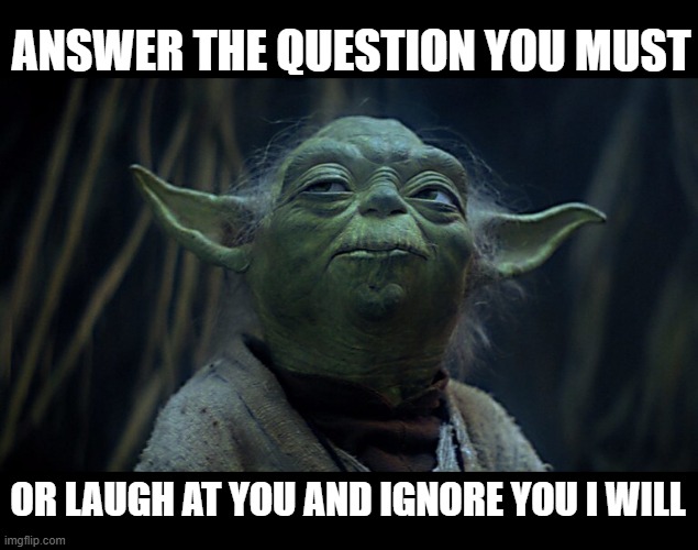 Answer the question Yoda | ANSWER THE QUESTION YOU MUST; OR LAUGH AT YOU AND IGNORE YOU I WILL | image tagged in yoda wisdom,yoda | made w/ Imgflip meme maker