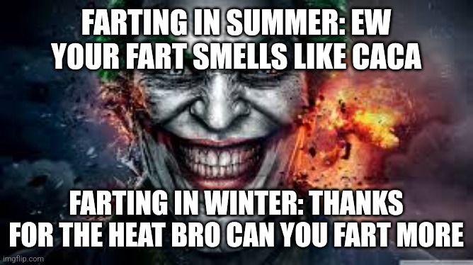 Jonkler | FARTING IN SUMMER: EW YOUR FART SMELLS LIKE CACA; FARTING IN WINTER: THANKS FOR THE HEAT BRO CAN YOU FART MORE | image tagged in jonkler | made w/ Imgflip meme maker