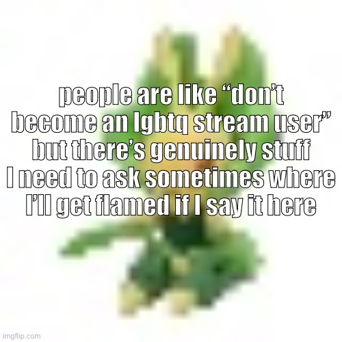 144p Leavanny | people are like “don’t become an lgbtq stream user” but there’s genuinely stuff I need to ask sometimes where I’ll get flamed if I say it here | image tagged in 144p leavanny | made w/ Imgflip meme maker