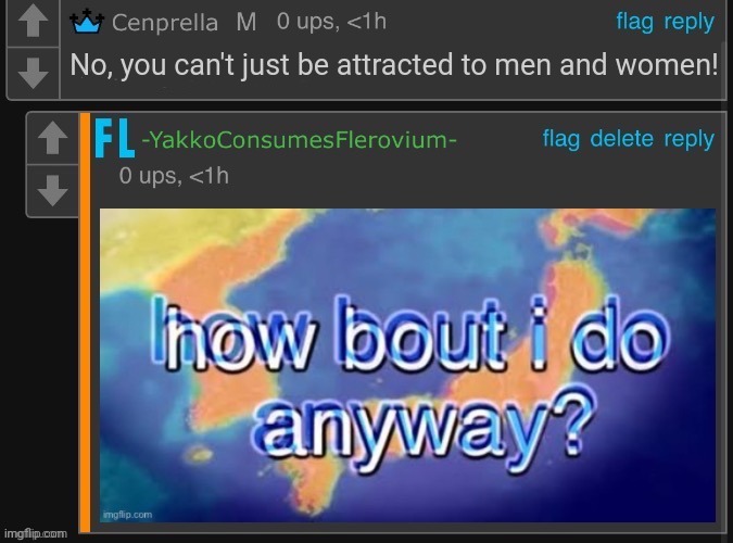 Frog | No, you can't just be attracted to men and women! | image tagged in x how bout i do anyway | made w/ Imgflip meme maker