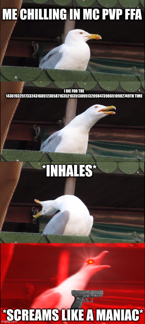 Me In FFA | ME CHILLING IN MC PVP FFA; I DIE FOR THE 14361932517332431685123058716352103513895132098473986510982749TH TIME; *INHALES*; *SCREAMS LIKE A MANIAC* | image tagged in memes,inhaling seagull | made w/ Imgflip meme maker