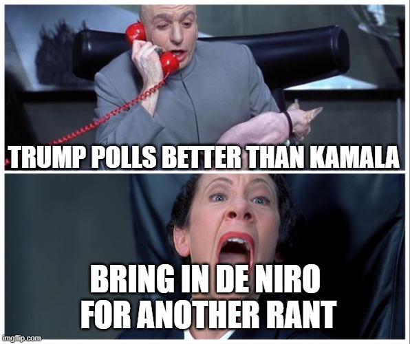 bring in de niro | TRUMP POLLS BETTER THAN KAMALA; BRING IN DE NIRO
 FOR ANOTHER RANT | image tagged in dr evil and frau yelling | made w/ Imgflip meme maker