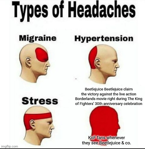 Types of Headaches meme | Beetlejuice Beetlejuice claim the victory against the live action Borderlands movie right during The King of Fighters' 30th anniversary celebration; KoF fans whenever they see Beetlejuice & co. | image tagged in types of headaches meme,beetlejuice,king of fighters,borderlands | made w/ Imgflip meme maker