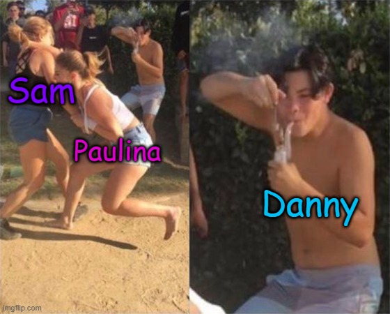 Sam and Paulina's rivalry be like | Sam; Paulina; Danny | image tagged in two girls fighting,danny phantom,nickelodeon,paulina sanchez,sam manson | made w/ Imgflip meme maker