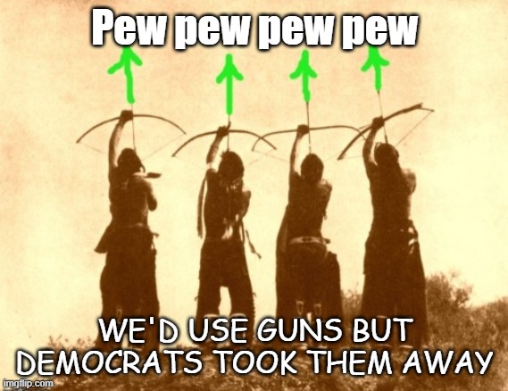 Native upvotes | Pew pew pew pew WE'D USE GUNS BUT DEMOCRATS TOOK THEM AWAY | image tagged in native upvotes | made w/ Imgflip meme maker