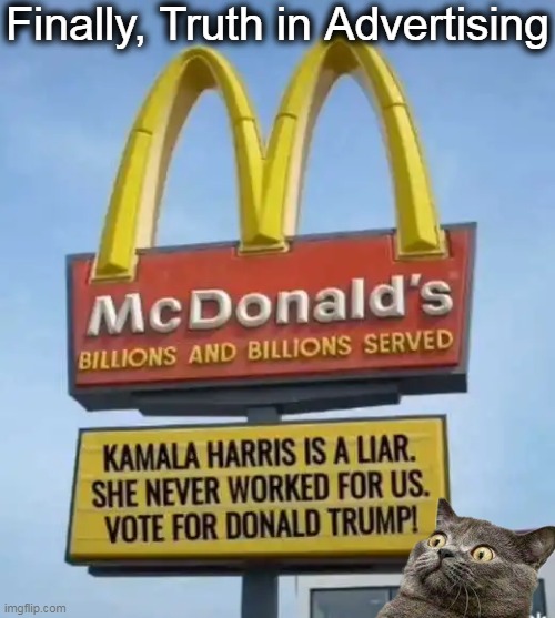 Great advice from McDonald's | Finally, Truth in Advertising | image tagged in political humor,the truth,kamala harris,lies,mcdonald's,donald trump approves | made w/ Imgflip meme maker