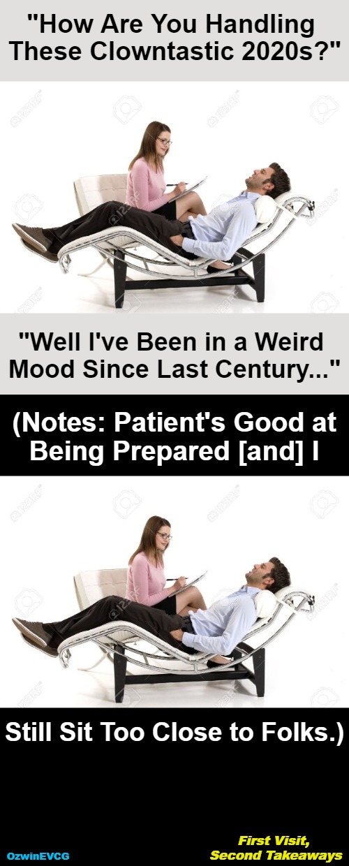 First...Takeaways | "How Are You Handling 

These Clowntastic 2020s?"; "Well I've Been in a Weird 

Mood Since Last Century..."; (Notes: Patient's Good at 

Being Prepared [and] I; Still Sit Too Close to Folks.); First Visit, 

Second Takeaways; OzwinEVCG | image tagged in therapist,questions and answers,clown world,awkward,the struggles plural,be prepared | made w/ Imgflip meme maker