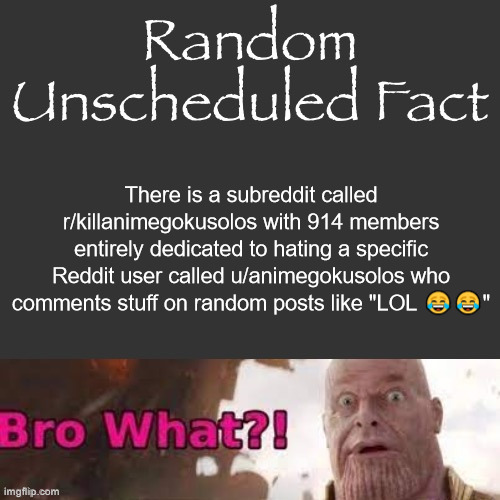 It's quite possibly one of the best subreddits of all time | There is a subreddit called r/killanimegokusolos with 914 members entirely dedicated to hating a specific Reddit user called u/animegokusolos who comments stuff on random posts like "LOL 😂😂" | image tagged in random unscheduled fact | made w/ Imgflip meme maker