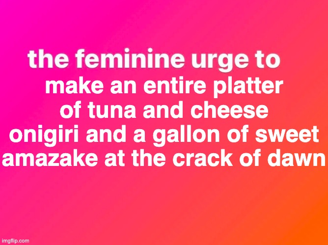 We out here foodmaxxing | make an entire platter of tuna and cheese onigiri and a gallon of sweet amazake at the crack of dawn | image tagged in the feminine urge,japan,onigiri,cooking,feminine,funny | made w/ Imgflip meme maker