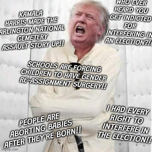 "Newly frying circuits or pre-existing condition? You be the judge." *OR* "S***-house rat level crazy." | WHO EVER HEARD YOU GET INDICTED FOR INTERFERING IN AN ELECTION?!! KAMALA HARRIS MADE THE ARLINGTON NATIONAL CEMETERY ASSAULT STORY UP!! SCHOOLS ARE FORCING CHILDREN TO HAVE GENDER RE-ASSIGNMENT SURGERY!! I HAD EVERY RIGHT TO INTERFERE IN THE ELECTION!! PEOPLE ARE ABORTING BABIES AFTER THEY'RE BORN!! | image tagged in crazy trump | made w/ Imgflip meme maker