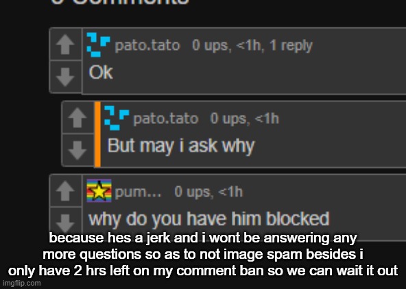 because hes a jerk and i wont be answering any more questions so as to not image spam besides i only have 2 hrs left on my comment ban so we can wait it out | made w/ Imgflip meme maker