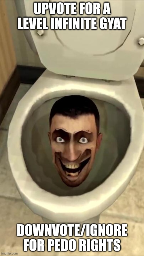 Skibidi toilet | UPVOTE FOR A LEVEL INFINITE GYAT; DOWNVOTE/IGNORE FOR PEDO RIGHTS | image tagged in skibidi toilet | made w/ Imgflip meme maker