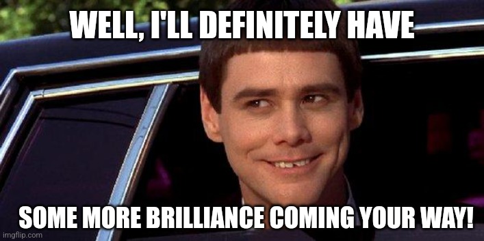 dumb and dumber | WELL, I'LL DEFINITELY HAVE SOME MORE BRILLIANCE COMING YOUR WAY! | image tagged in dumb and dumber | made w/ Imgflip meme maker