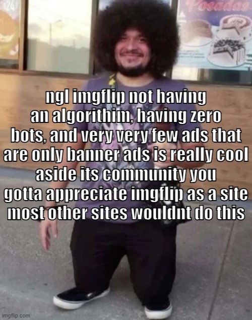 that's probably why i stayed on for 7 years bc its quality isnt actually terrible | ngl imgflip not having an algorithim, having zero bots, and very very few ads that are only banner ads is really cool
aside its community you gotta appreciate imgflip as a site
most other sites wouldnt do this | image tagged in sr pel | made w/ Imgflip meme maker