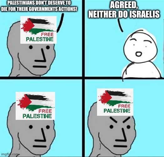 Antisemitic NPC | PALESTINIANS DON’T DESERVE TO DIE FOR THEIR GOVERNMENTS ACTIONS! AGREED, NEITHER DO ISRAELIS | image tagged in npc meme,antisemitism,palestine,israel | made w/ Imgflip meme maker