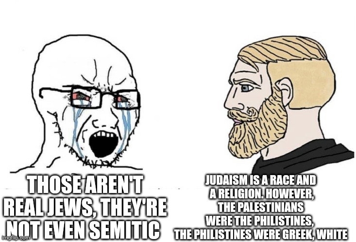 Soyboy Vs Yes Chad | JUDAISM IS A RACE AND
 A RELIGION. HOWEVER,
THE PALESTINIANS WERE THE PHILISTINES, 

 THE PHILISTINES WERE GREEK, WHITE; THOSE AREN'T REAL JEWS, THEY'RE NOT EVEN SEMITIC | image tagged in soyboy vs yes chad,funny memes | made w/ Imgflip meme maker