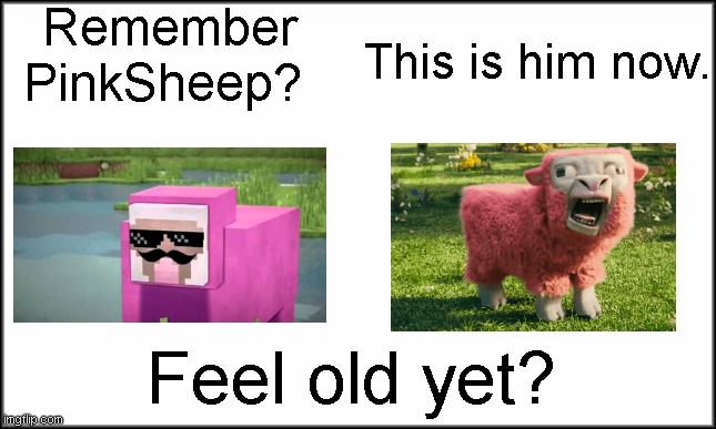 Oh has he gotten old, guess a little too old | Remember PinkSheep? This is him now. Feel old yet? | image tagged in plain white,pink sheep,minecraft,minecraft movie,memes | made w/ Imgflip meme maker