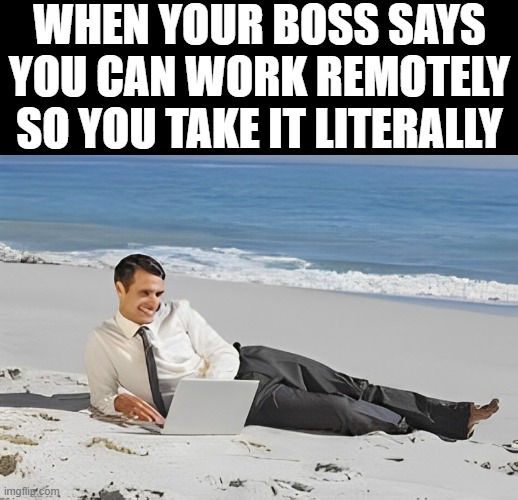 work remotely | WHEN YOUR BOSS SAYS YOU CAN WORK REMOTELY SO YOU TAKE IT LITERALLY | image tagged in memes | made w/ Imgflip meme maker