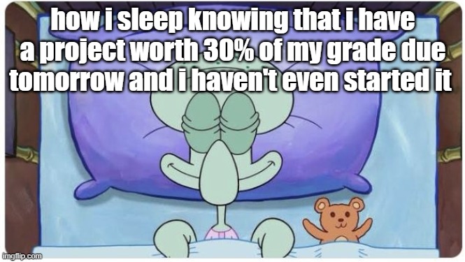 How I go to Sleep Knowing | how i sleep knowing that i have a project worth 30% of my grade due tomorrow and i haven't even started it | image tagged in how i go to sleep knowing | made w/ Imgflip meme maker