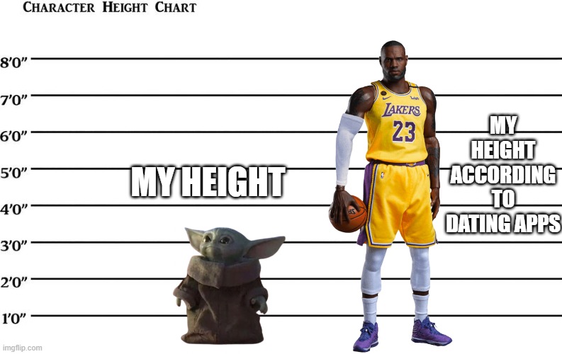 "i only date guys who are 6'9"+" | MY HEIGHT ACCORDING TO DATING APPS; MY HEIGHT | image tagged in height chart,height,lying,lies,tinder,online dating | made w/ Imgflip meme maker