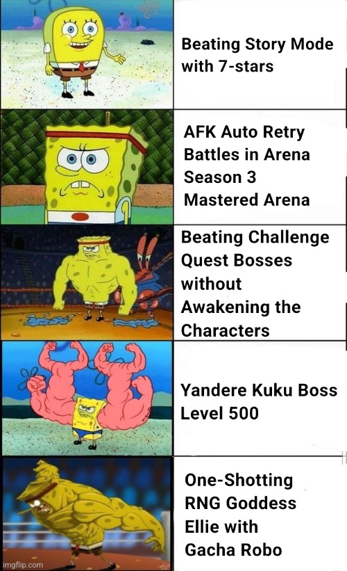 Gacha World progression meme | image tagged in gacha world,lunime,weak vs strong spongebob,increasingly buff spongebob,spongebob,upgraded strong spongebob | made w/ Imgflip meme maker