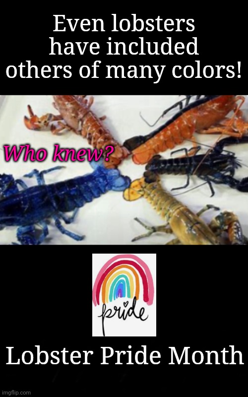 Ocean Becomes a Rainbow | Even lobsters have included others of many colors! Who knew? Lobster Pride Month | image tagged in rainbow,lobster,diversity | made w/ Imgflip meme maker