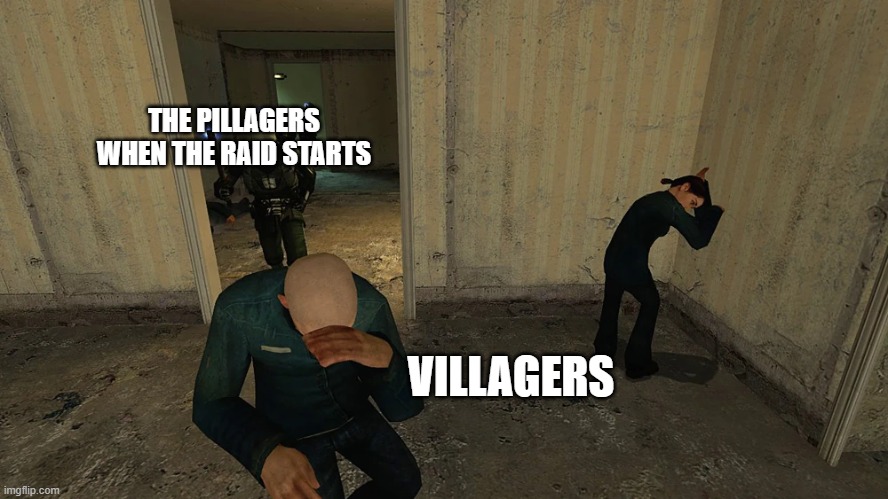 THE PILLAGAS ARE COMING | THE PILLAGERS WHEN THE RAID STARTS; VILLAGERS | image tagged in metro-cop raid,memes | made w/ Imgflip meme maker