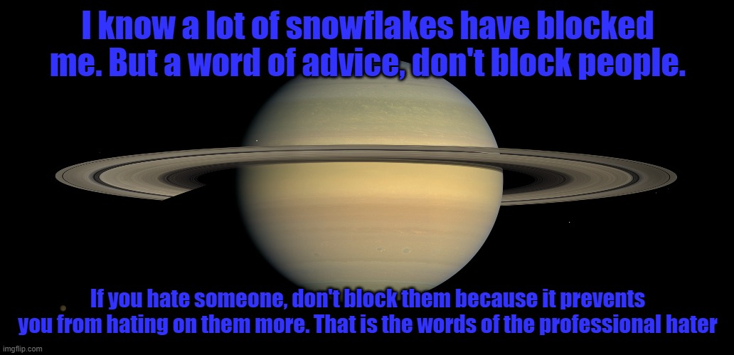 I know a lot of snowflakes have blocked me. But a word of advice, don't block people. If you hate someone, don't block them because it prevents you from hating on them more. That is the words of the professional hater | made w/ Imgflip meme maker