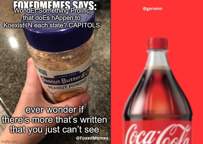 FoxedMemes and geramn template | WondEr Something Prolific that doEs hAppen to Koexist IN each state? CAPITOLS; it’s all we can do; ever wonder if there’s more that’s written that you just can’t see | image tagged in foxedmemes and geramn template | made w/ Imgflip meme maker