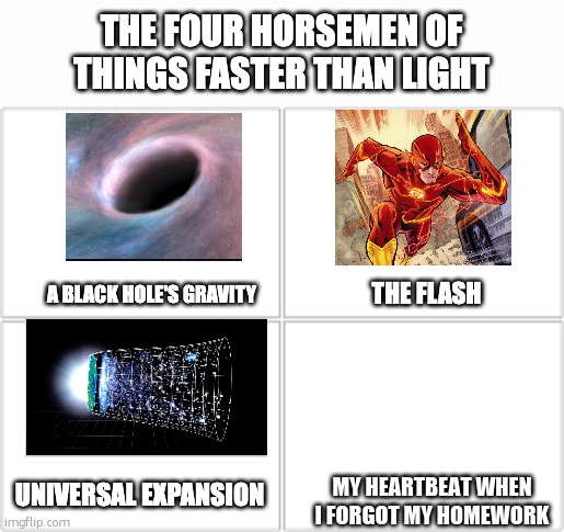 The Four Horsemen of Things Faster Than Light | MY HEARTBEAT WHEN I FORGOT MY HOMEWORK | image tagged in the four horsemen of things faster than light | made w/ Imgflip meme maker