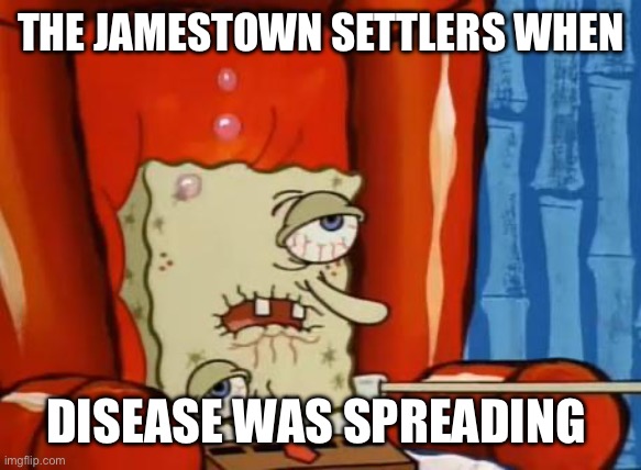 sick spongebob | THE JAMESTOWN SETTLERS WHEN; DISEASE WAS SPREADING | image tagged in sick spongebob | made w/ Imgflip meme maker