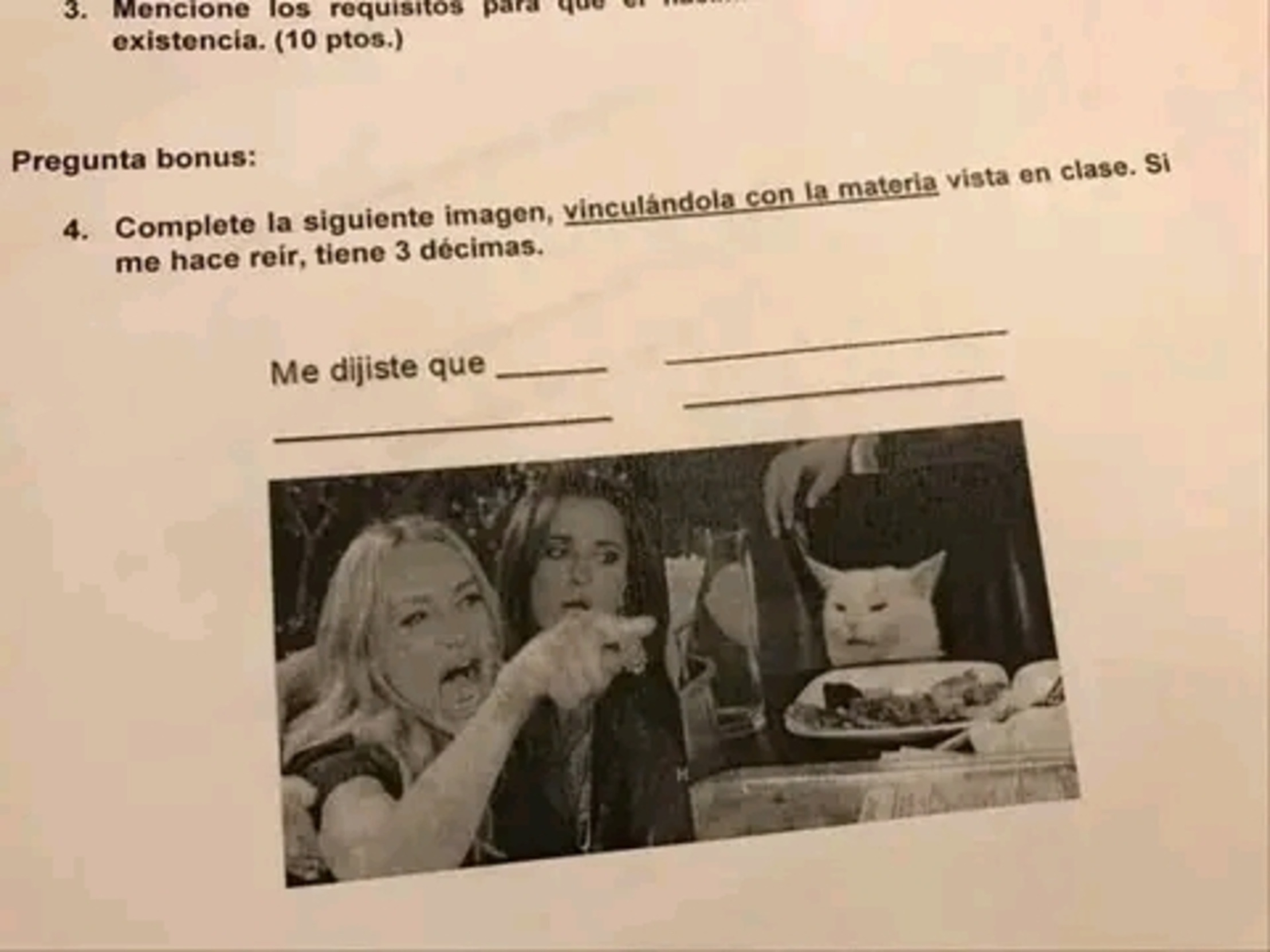 Gato en la mesa con mujer histérica pregunta de examen Blank Meme Template