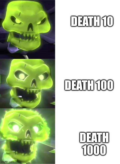 Elden ring run be like | DEATH 10; DEATH 100; DEATH 1000 | image tagged in ninjago skull reaction meme,ninjago | made w/ Imgflip meme maker