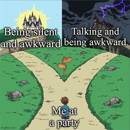 Awkward | Being silent and awkward; Talking and being awkward; Me at a party | image tagged in two paths,awkward,socially awkward penguin,party | made w/ Imgflip meme maker