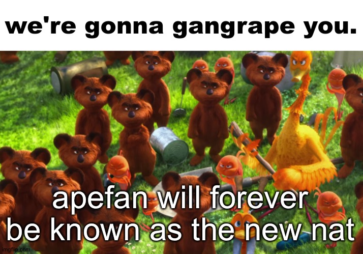 we're gonna gangrape you | apefan will forever be known as the new nat | image tagged in we're gonna gangrape you | made w/ Imgflip meme maker