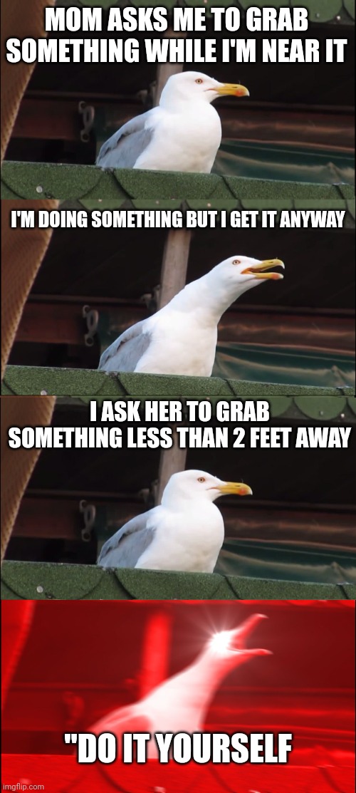 bruh momento | MOM ASKS ME TO GRAB SOMETHING WHILE I'M NEAR IT; I'M DOING SOMETHING BUT I GET IT ANYWAY; I ASK HER TO GRAB SOMETHING LESS THAN 2 FEET AWAY; "DO IT YOURSELF | image tagged in memes,inhaling seagull,certified bruh moment | made w/ Imgflip meme maker