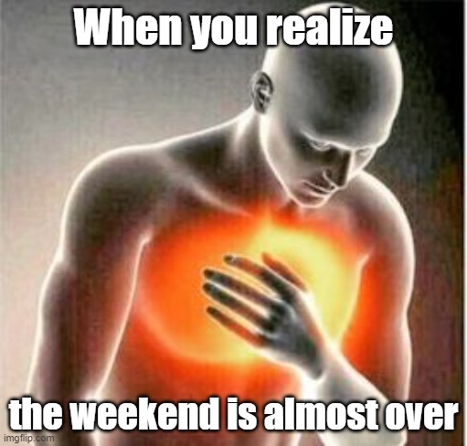 oh no.. | When you realize; the weekend is almost over | image tagged in heartache,funny,memes,relatable,out of ideas,why are you reading this | made w/ Imgflip meme maker