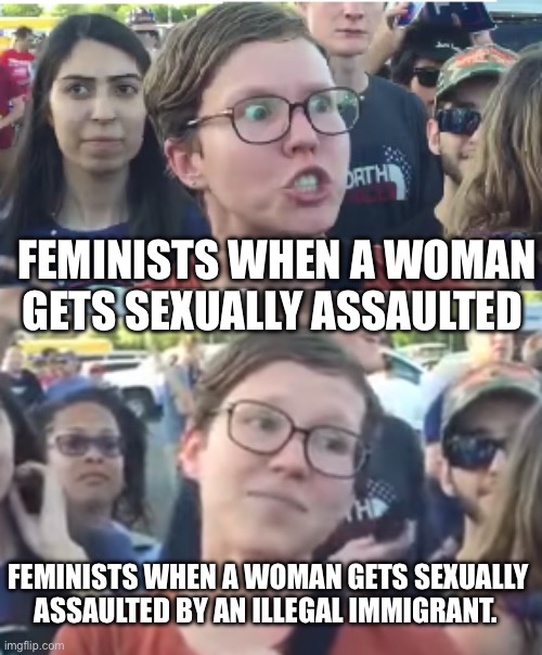 Feminists | FEMINISTS WHEN A WOMAN GETS SEXUALLY ASSAULTED; FEMINISTS WHEN A WOMAN GETS SEXUALLY ASSAULTED BY AN ILLEGAL IMMIGRANT. | image tagged in two faced liberal snowflake,illegal immigration,sexual assault,democrats,politics | made w/ Imgflip meme maker