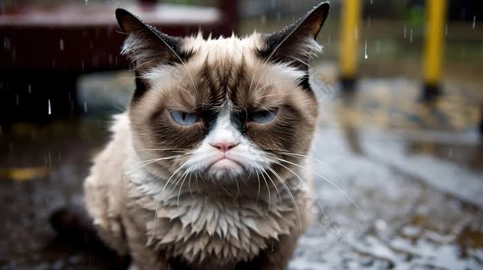 Grumpy cat rain portrait Blank Meme Template