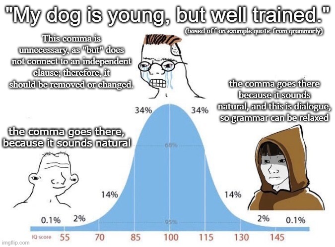 the uncontrollable urge to call out unnecessary commas | "My dog is young, but well trained."; This comma is unnecessary, as "but" does not connect to an independent clause; therefore, it should be removed or changed. (based off an example quote from grammarly); the comma goes there because it sounds natural, and this is dialogue, so grammar can be relaxed; the comma goes there, because it sounds natural | image tagged in bell curve | made w/ Imgflip meme maker