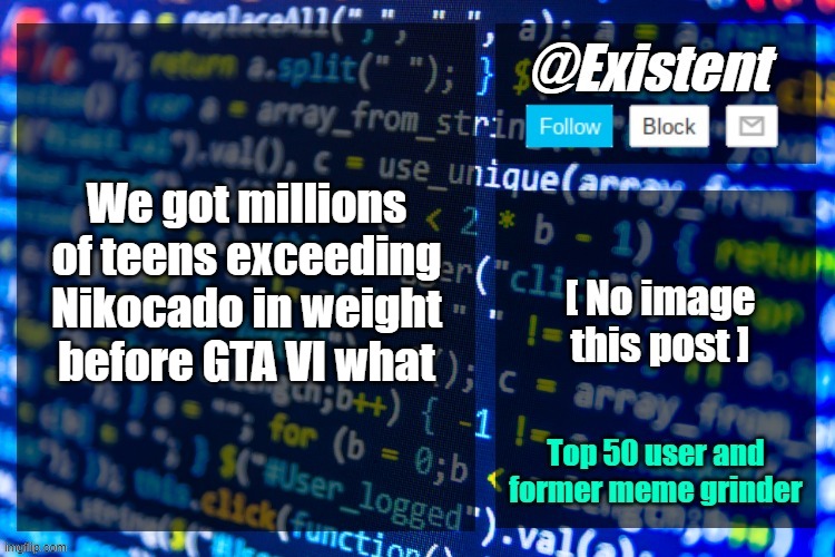 Ik I'm hella late on this one but | We got millions of teens exceeding Nikocado in weight before GTA VI what | image tagged in existent announcement temp | made w/ Imgflip meme maker