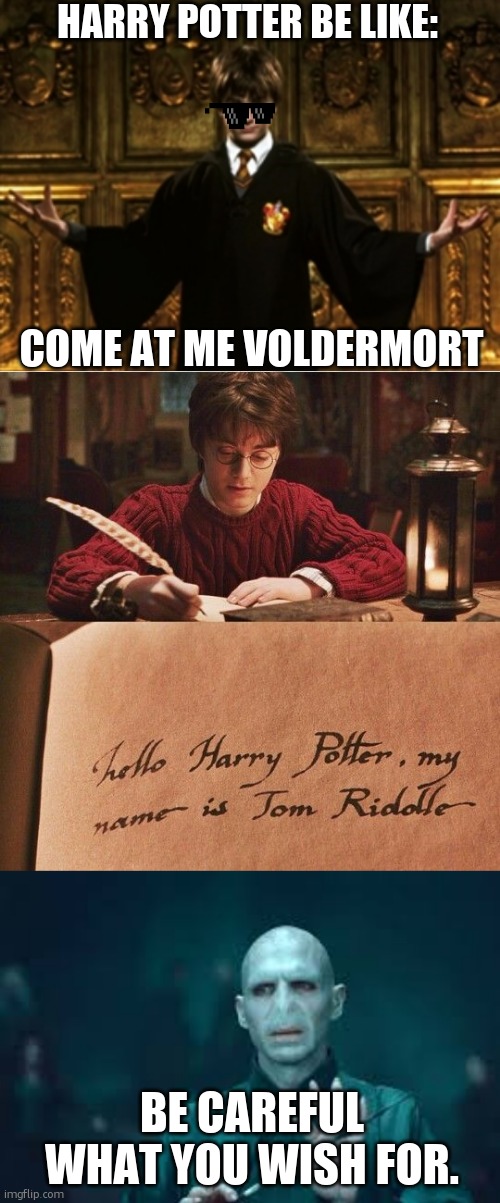 isn't it ironic? | HARRY POTTER BE LIKE:; COME AT ME VOLDERMORT; BE CAREFUL WHAT YOU WISH FOR. | image tagged in harrypotter-comeatme,tom riddles diary,voldermort | made w/ Imgflip meme maker