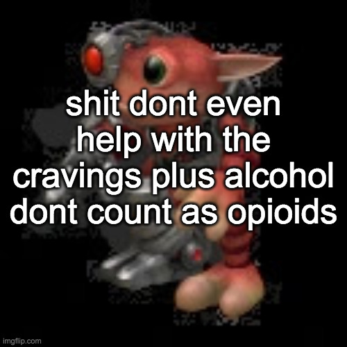 grippy sock vacation might be slow | shit dont even help with the cravings plus alcohol dont count as opioids | image tagged in grox png | made w/ Imgflip meme maker