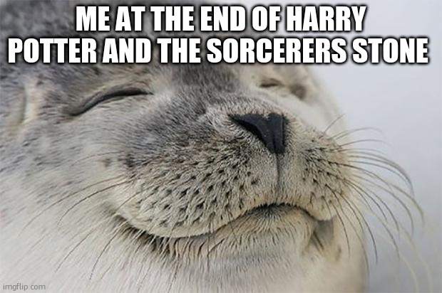 me at the en of...part 1 | ME AT THE END OF HARRY POTTER AND THE SORCERERS STONE | image tagged in memes,satisfied seal | made w/ Imgflip meme maker